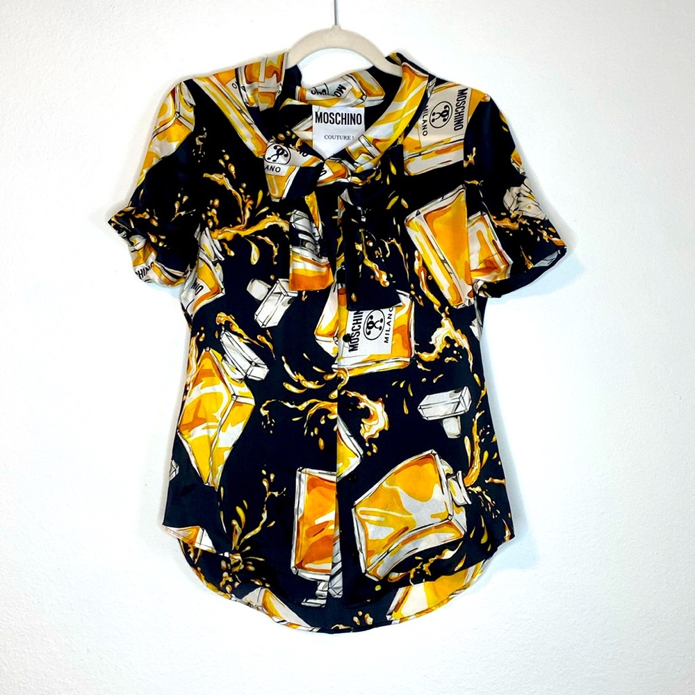 MOSCHINO 2016 Spilled Perfume Bottle Print Silk Blouse, Size 40 EUR / US 6